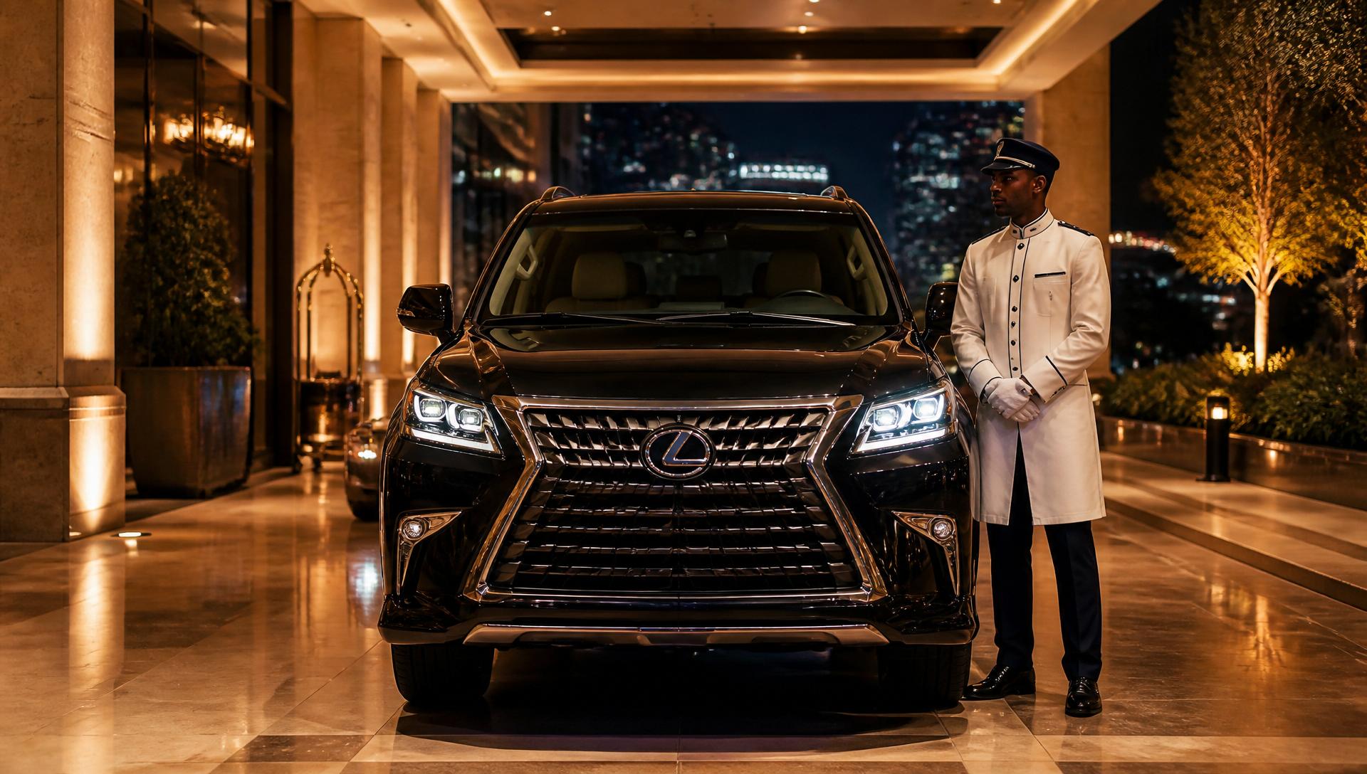 DAWNS chauffeur in white tunic standing beside a black 2021 Lexus GX 460 Premium SUV shown from the front under a five-star hotel porte-cochère in the Abuja diplomatic district at night