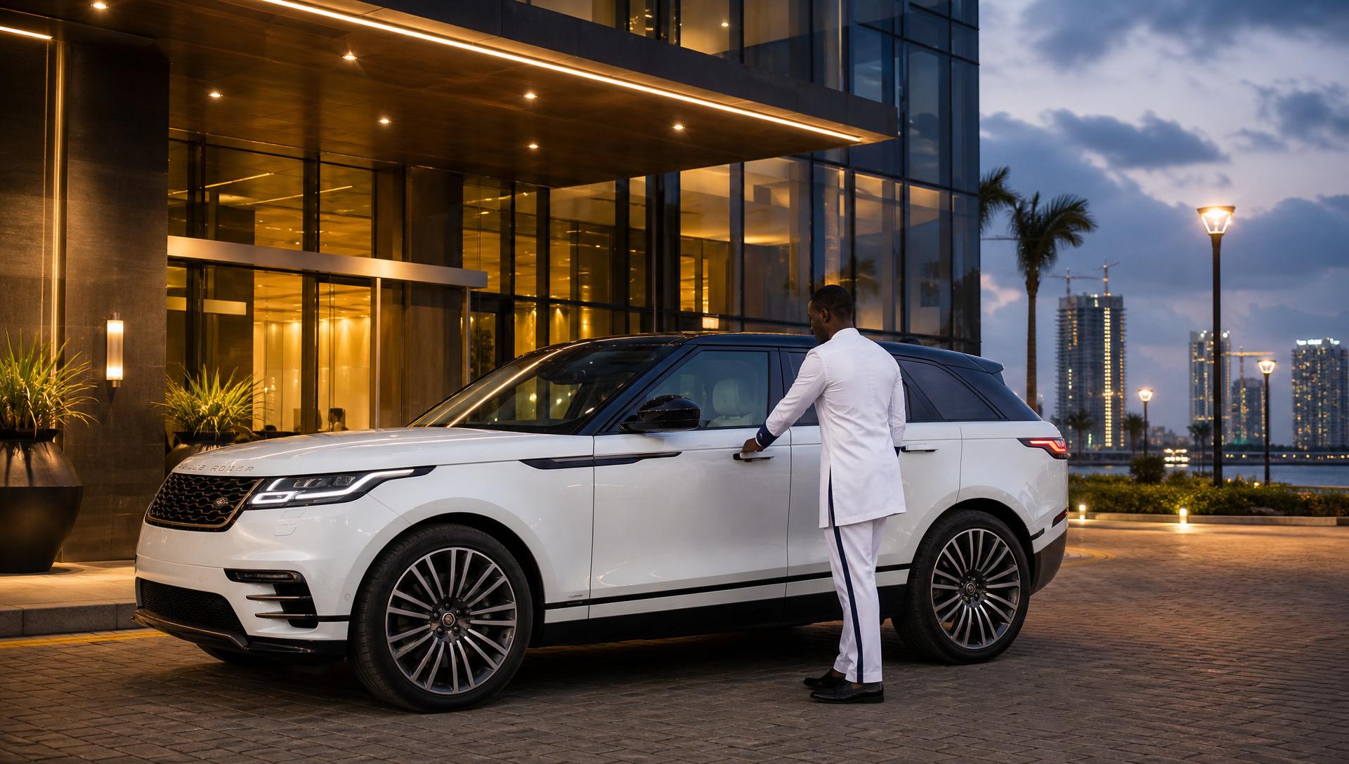 DAWNS chauffeur in white tunic standing beside a white 2019 Range Rover Velar at a modern glass corporate tower entrance in Eko Atlantic, Victoria Island Lagos at dusk
