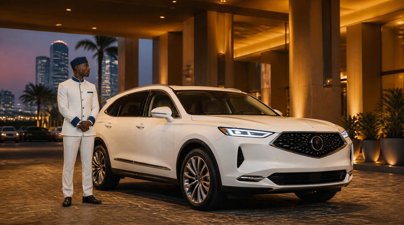 DAWNS chauffeur in white tunic standing beside a white 2024 Acura MDX at a luxury hotel porte-cochère on Banana Island Lagos at dusk