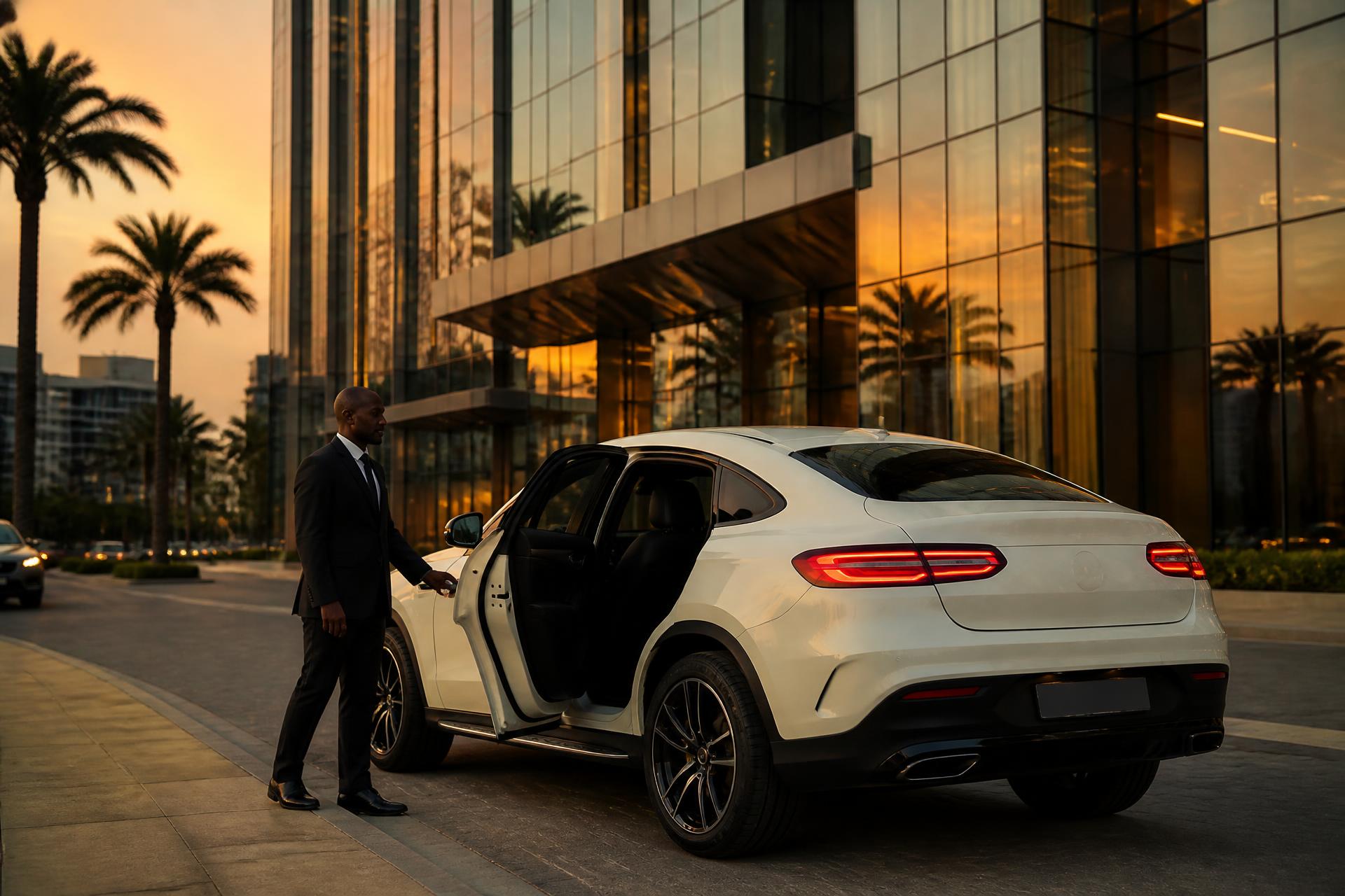 DAWNS chauffeur opening the rear door of a white Mercedes-Benz GLE Coupe outside the DAWNS Tower in Victoria Island for a Nigerian executive