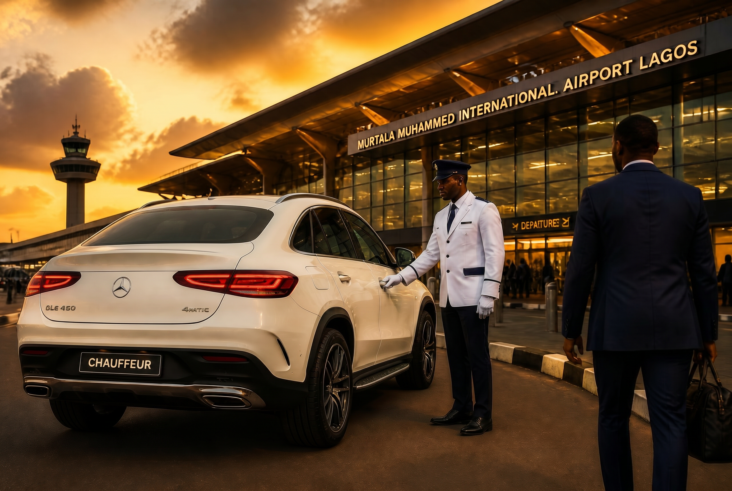 DAWNS chauffeur in white tunic with midnight-blue accent welcoming a guest beside a white Mercedes-Benz GLE Coupe at Murtala Muhammed International Airport Lagos