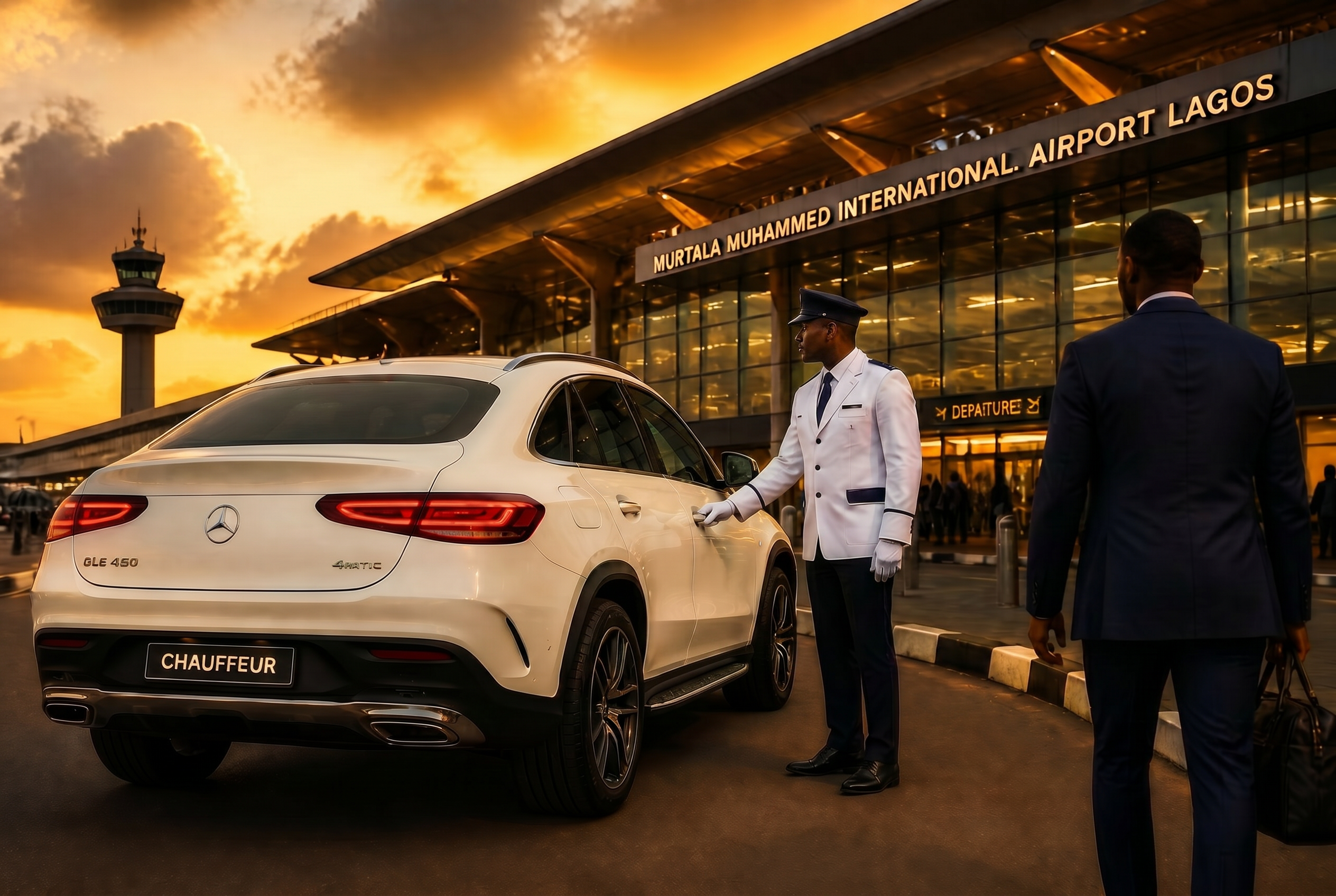 DAWNS chauffeur in white tunic with midnight-blue accent welcoming a guest beside a white Mercedes-Benz GLE Coupe at Murtala Muhammed International Airport Lagos