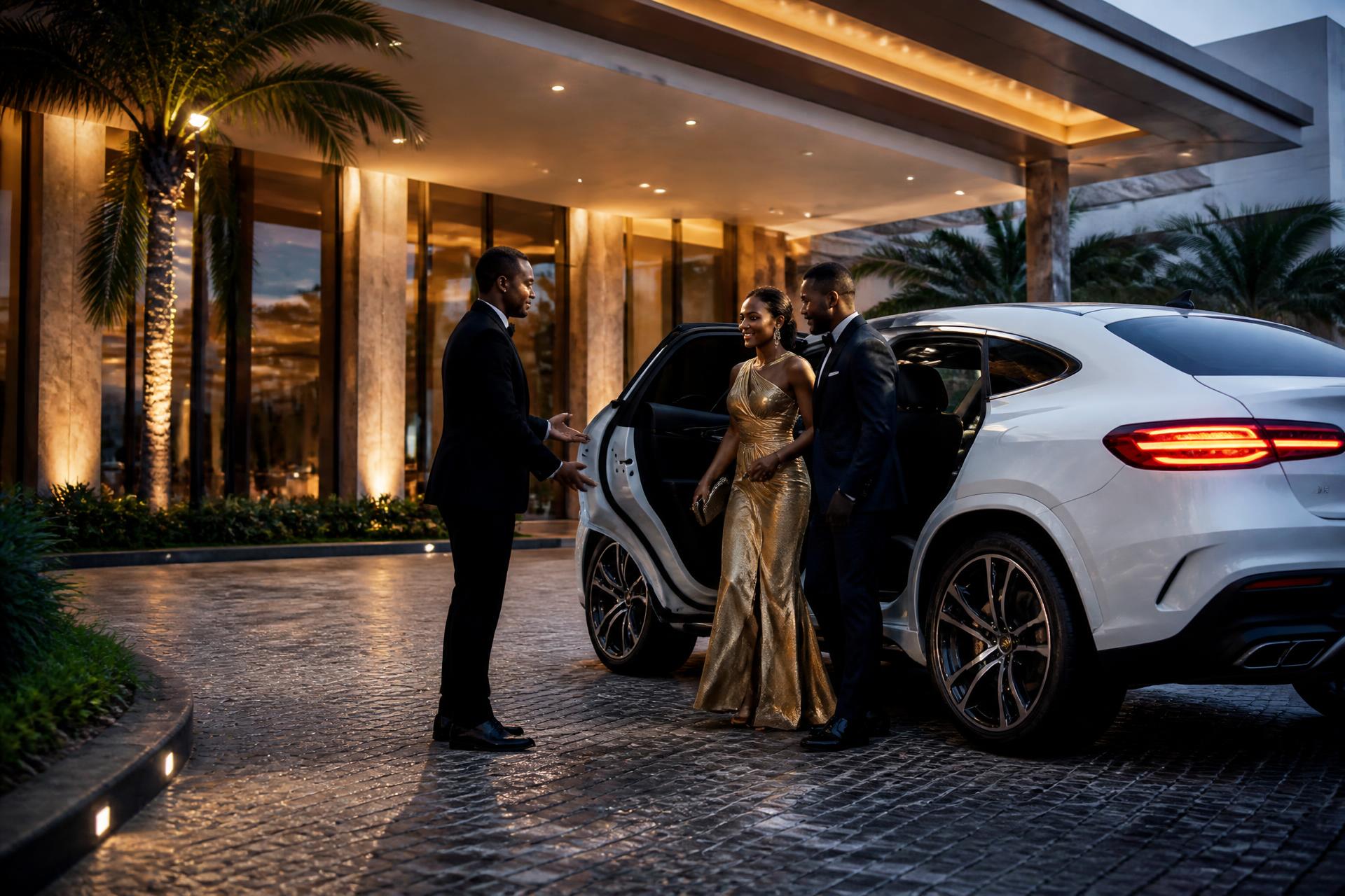 DAWNS chauffeur welcoming a couple in evening wear from a white Mercedes-Benz GLE Coupe under a DAWNS brand hotel porte-cochère at dusk in Lagos