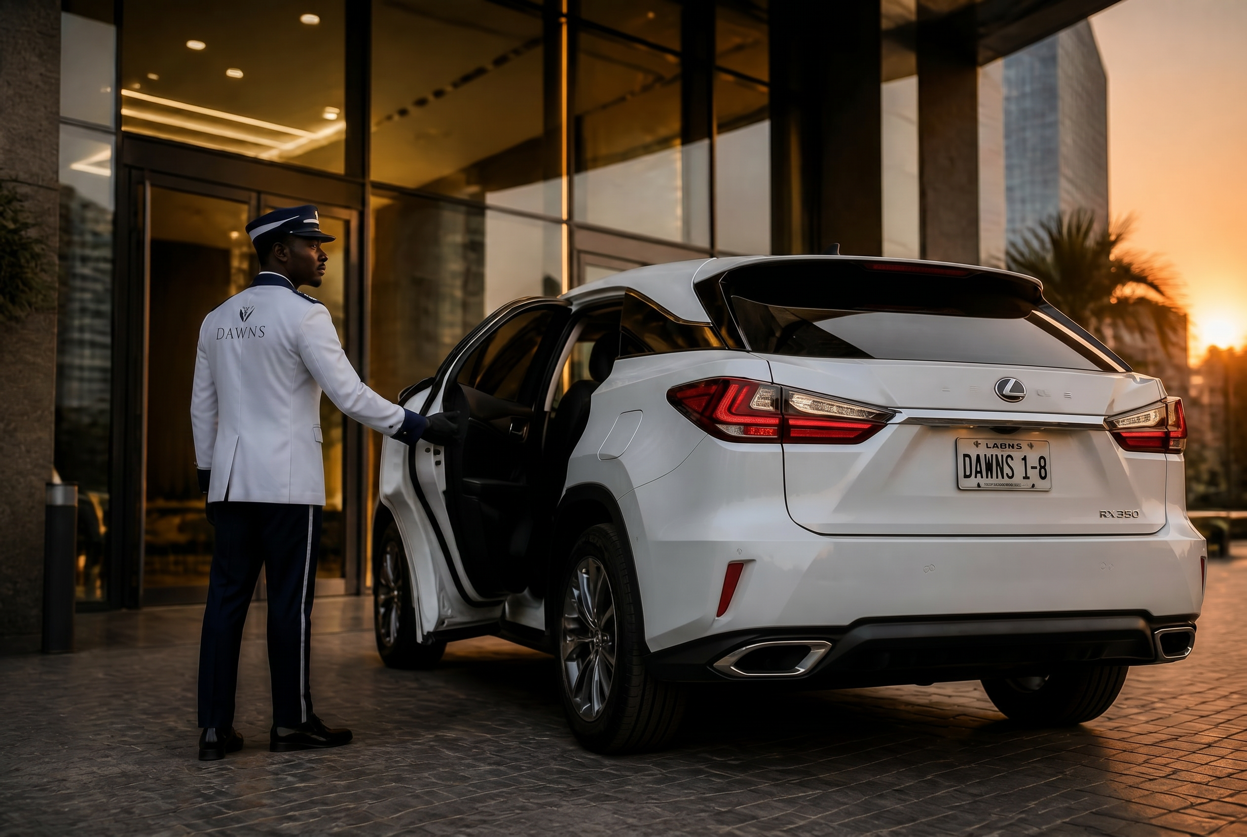 DAWNS chauffeur opening the rear door of a white 2020 Lexus RX luxury SUV outside a corporate glass tower entrance in Victoria Island Lagos at dusk