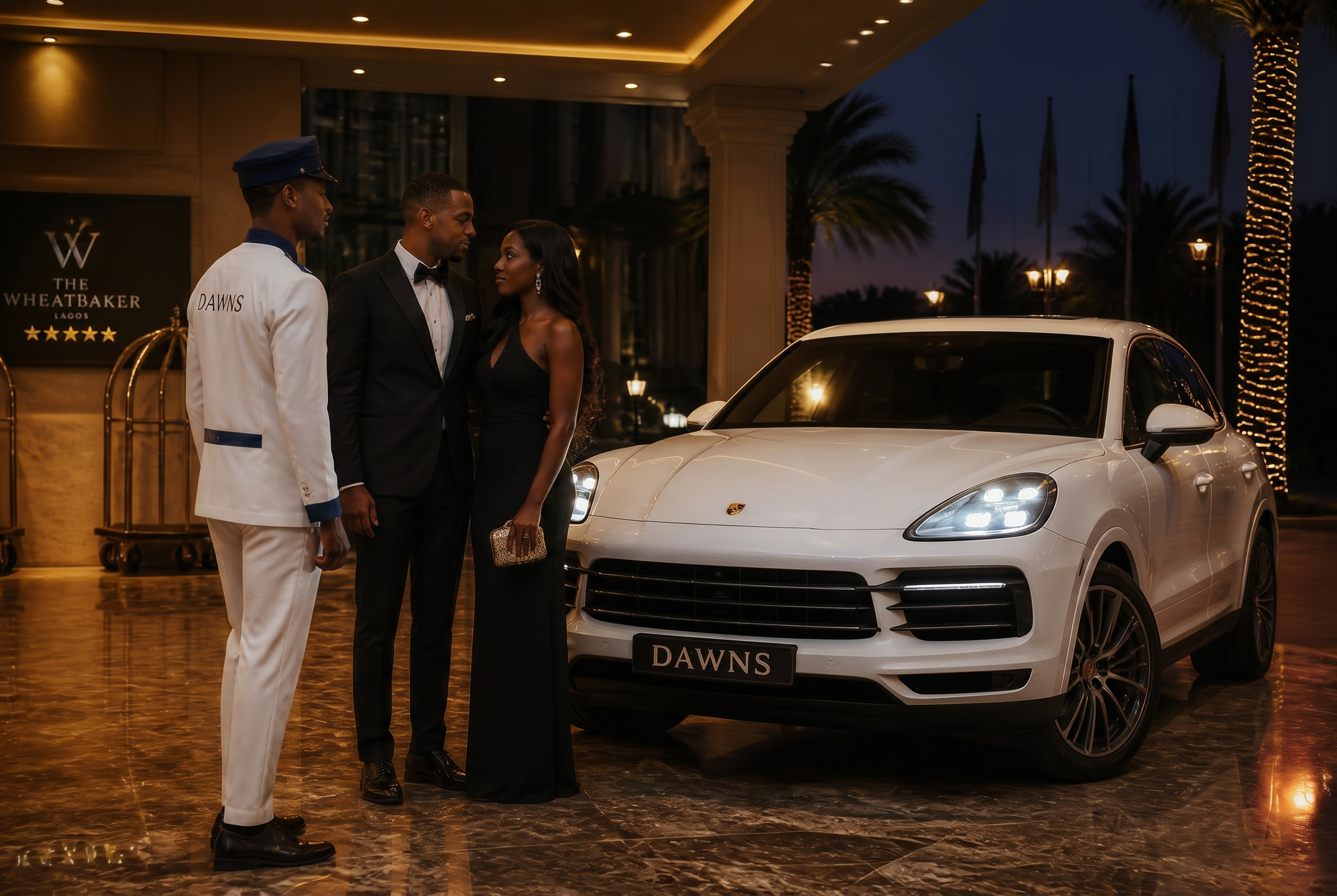 DAWNS chauffeur welcoming a couple in evening wear beside a white 2019 Porsche Cayenne under a five-star hotel porte-cochère in Lagos at dusk